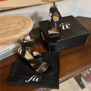 The Fix Black Studded Leather Lace Up Block Heel Sandals Women 9.5